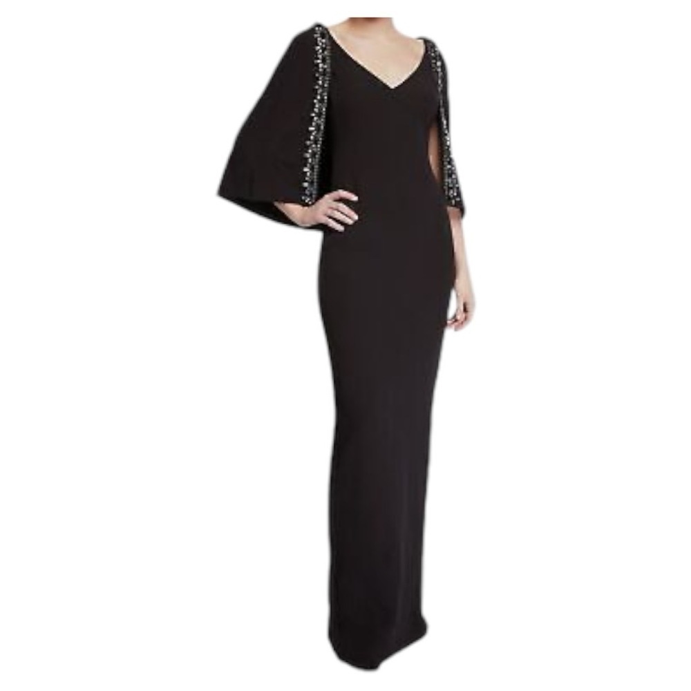 Badgley Mischka Women's Black V-Neck Cape  Beaded Trim Gown Dress Size 8